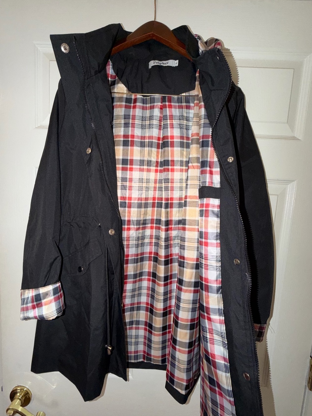 Polydeer Plaid Lined Hooded Raincoat Anorak Parka Jacket Black XL